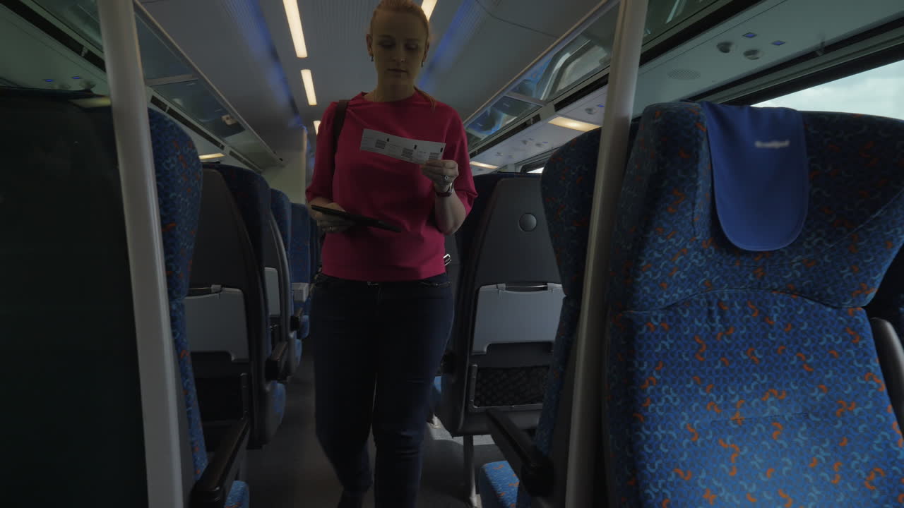 tiro de una joven rubia que va a lo largo del tren y busca su asiento lugar tren moderno viena austria