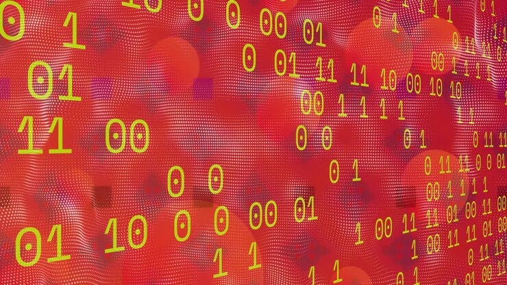 Animation of data processing and shapes on red background