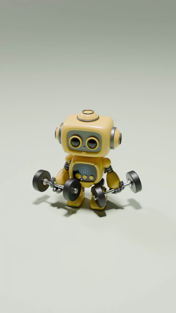 Simpatico robot giallo che solleva pesi