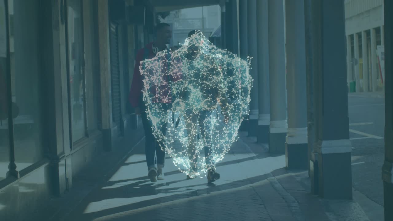 Animation of cloud, padlock and shield icon over male friends walking on street