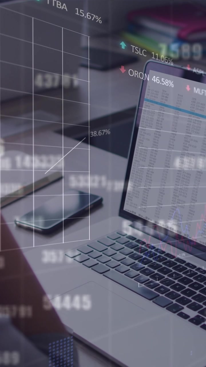 Animation of stock market data processing and numbers over woman using laptop at office
