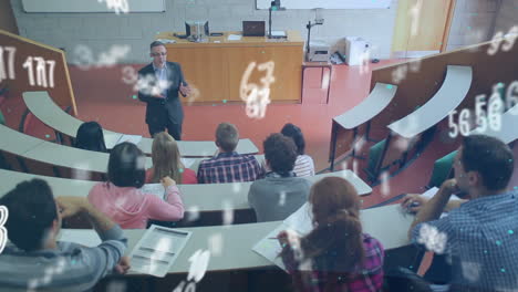 animación de números flotantes sobre un grupo de estudiantes universitarios que tienen clases