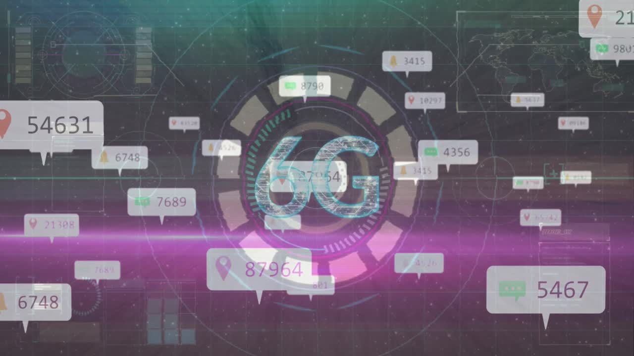 Animation of social media icons over 6g text and scope scanning