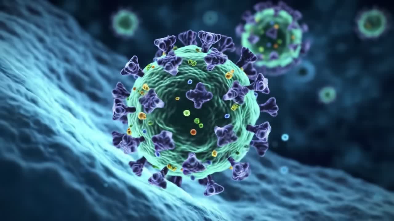 Detailed Visualization of Viral Structure Highlighting Intricate Features and Components in a Microscopic Environment, Emphasizing the Complexity of Viral Lifeforms