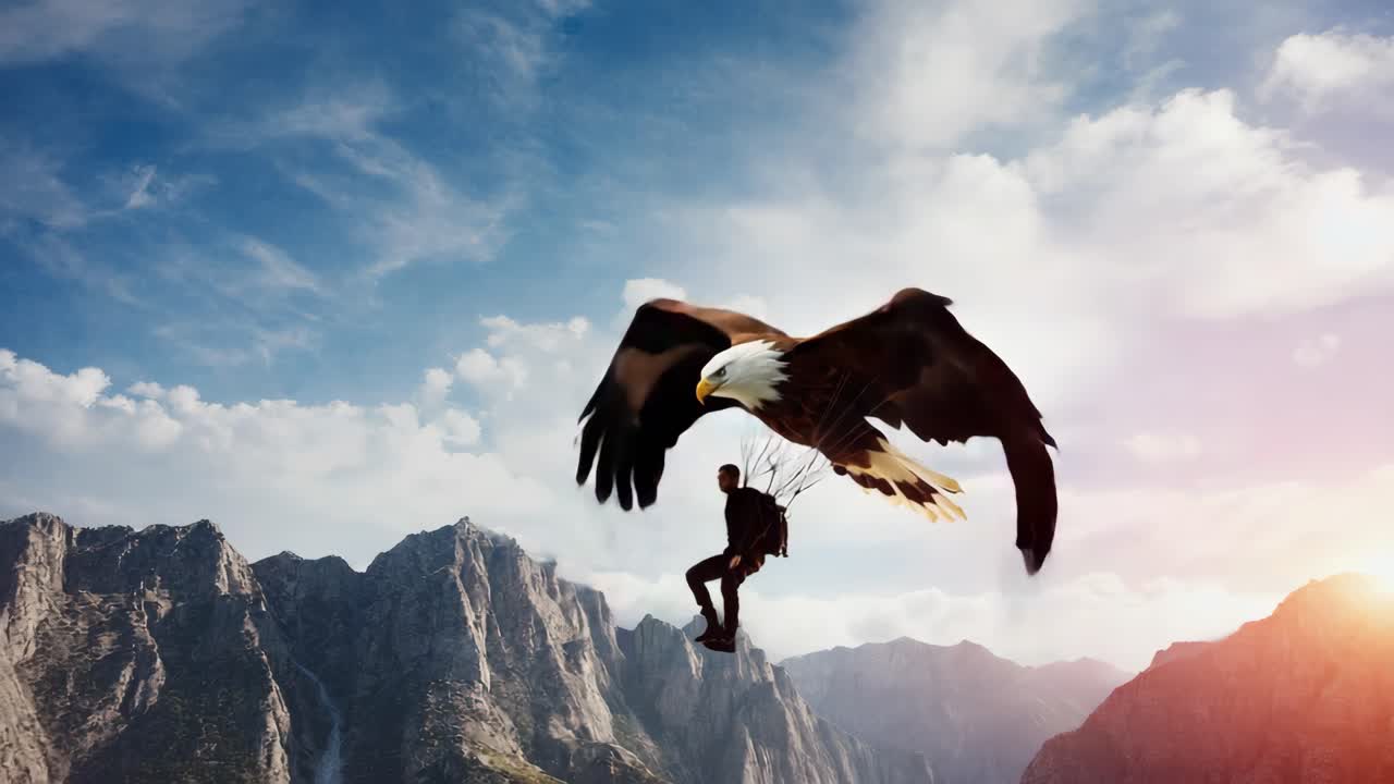 Uomo che fa paracadutismo con un'aquila sopra le montagne