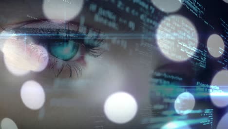 puntos brillantes de luz y procesamiento de datos contra el primer plano de los ojos femeninos