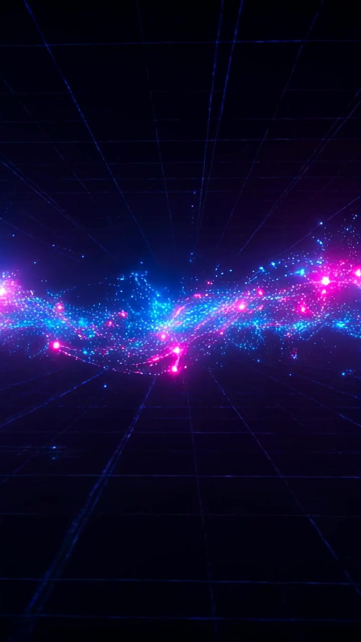 Vertical video: Appearing particle ribbon pulsing over grid, showing flow with magenta or cyan knots