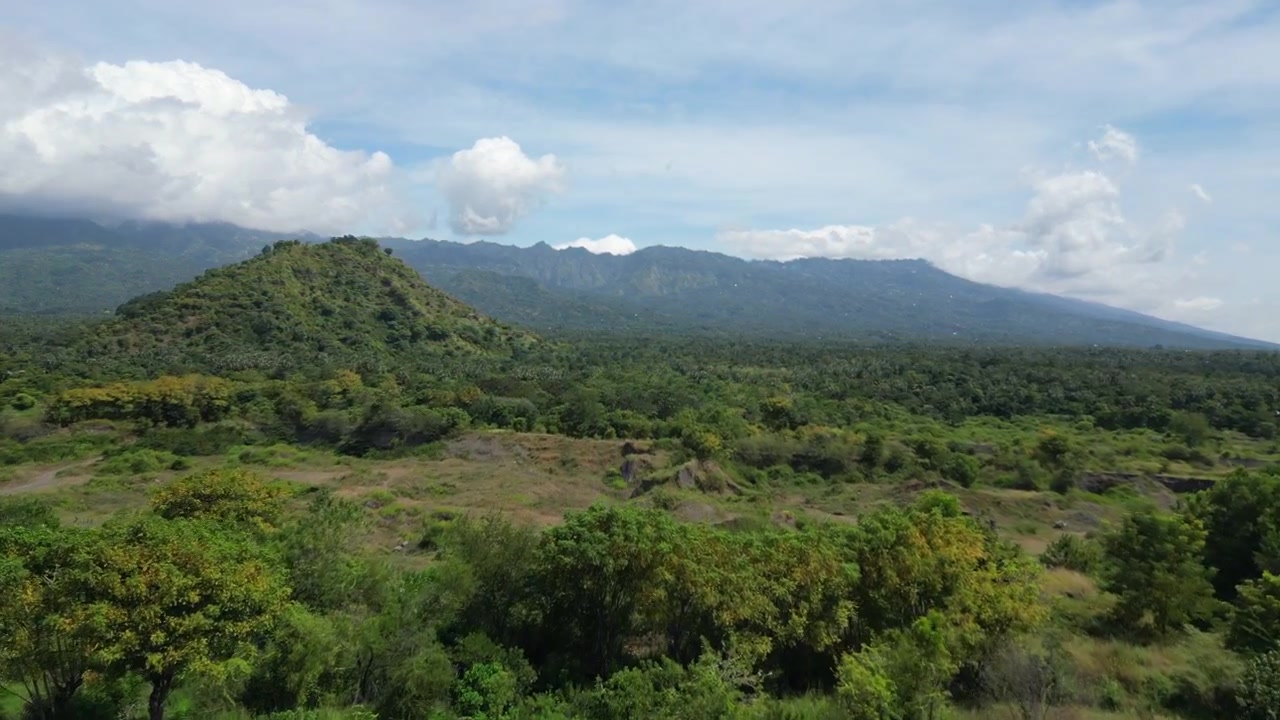 Savana, prateria e alberi sui pendii inferiori del vulcano Agung, Bali, Indonesia. Ripresa drone in ascesa 4K 30FPS
