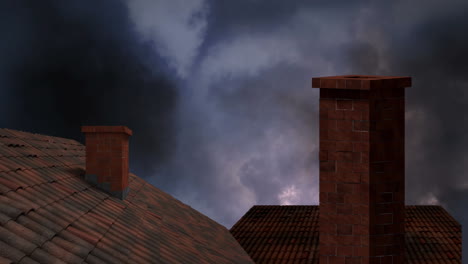 animación de tormenta con nubes y relámpagos sobre los techos de las casas y las chimeneas