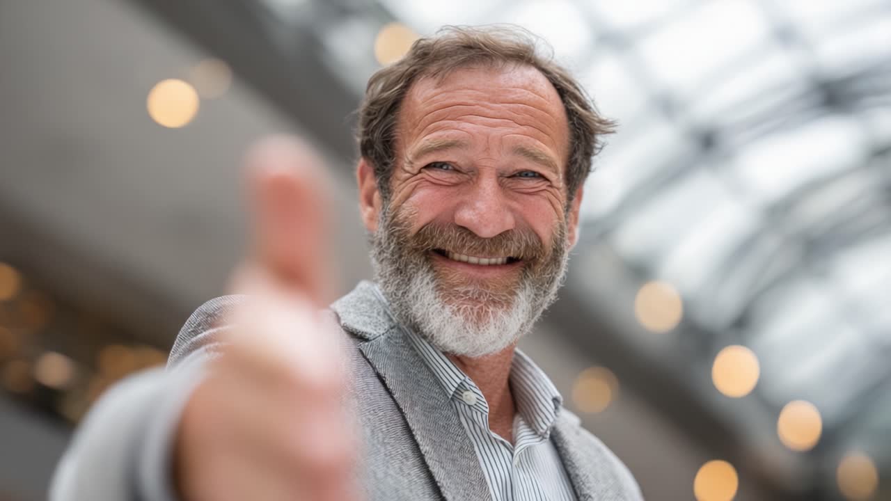 Una persona allegra che fa un gesto amichevole con un sorriso su uno sfondo luminoso e moderno, suscitando calore e vibrazioni positive.