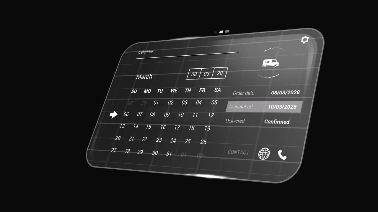 animación de la interfaz digital con calendario y procesamiento de datos sobre fondo negro