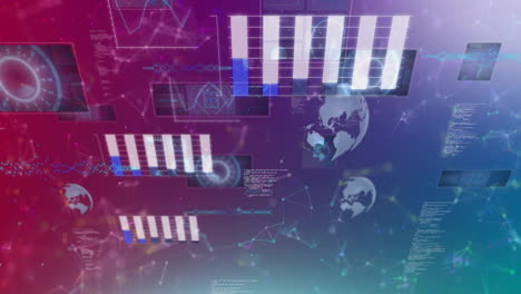 Animation-of-graphs,-globes,-graphs,-computer-language-and-connected-dots-over-abstract-background