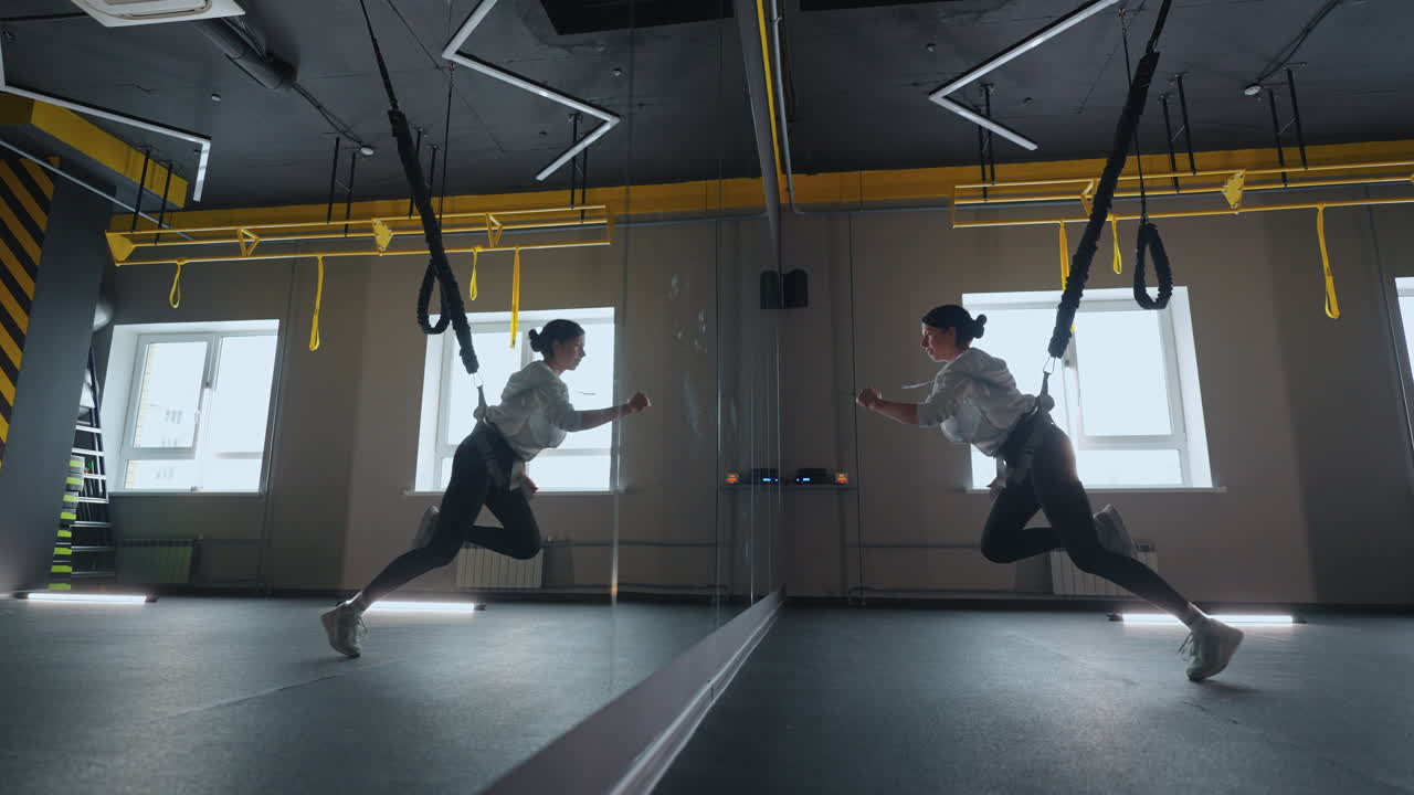 체육관에서 저항을 가진 운동 여성은 체육 클럽에서 달리는 신체 근육을 위해 trx 시스템을 사용하고 있습니다.