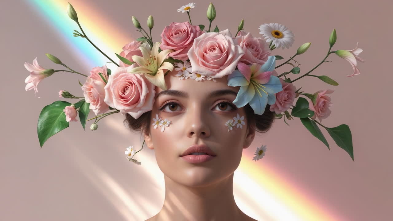 Woman with a Floral Crown and Rainbow Light