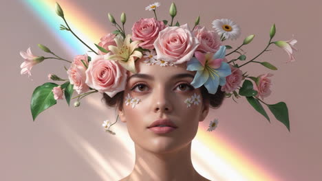 woman with a floral crown and rainbow light
