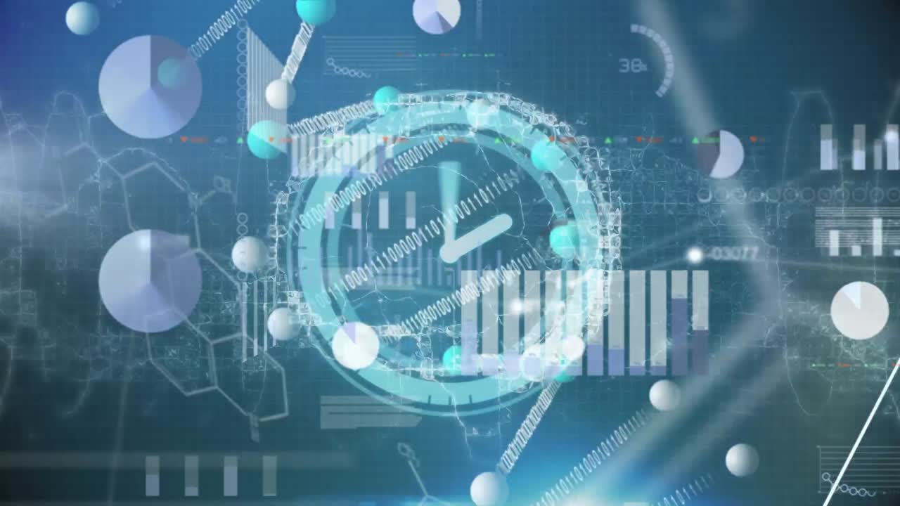 움직이는 시계와 디지털 뇌의 애니메이션으로 검은 바탕에 데이터 처리를 합니다.