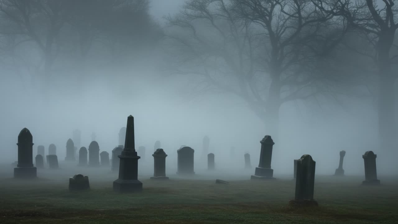 A hauntingly serene cemetery enveloped in thick fog, evoking a sense of mystery and contemplation as shadows of gravestones emerge from the mist