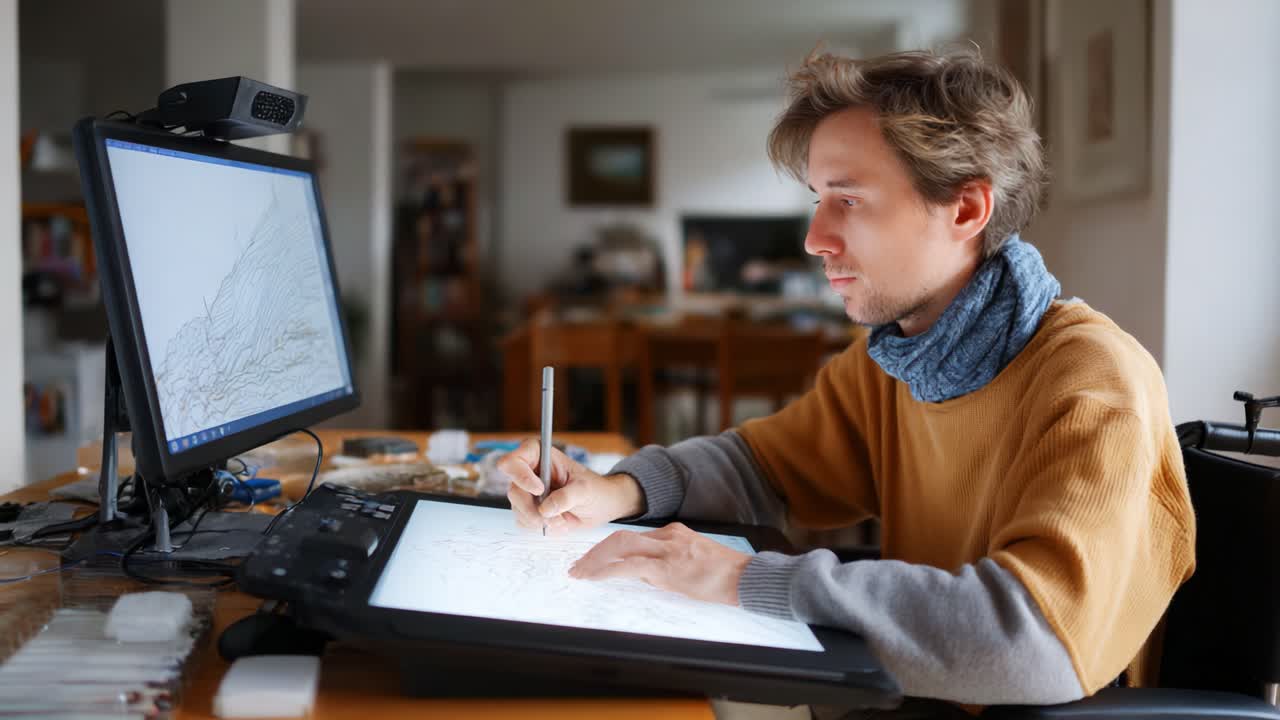 Artista concentrato impegnato nell'illustrazione digitale creativa con tavoletta grafica e schermo del computer in un ambiente di lavoro accogliente