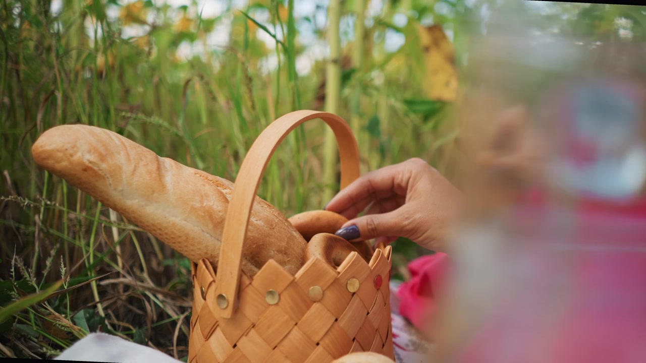 La mano di una donna si allunga in un cesto intrecciato per prendere il pane in un ambiente esterno. La scena presenta baguette fresche e panini rotondi con fogliame verde visibile come sfondo. Luce naturale soffusa.
