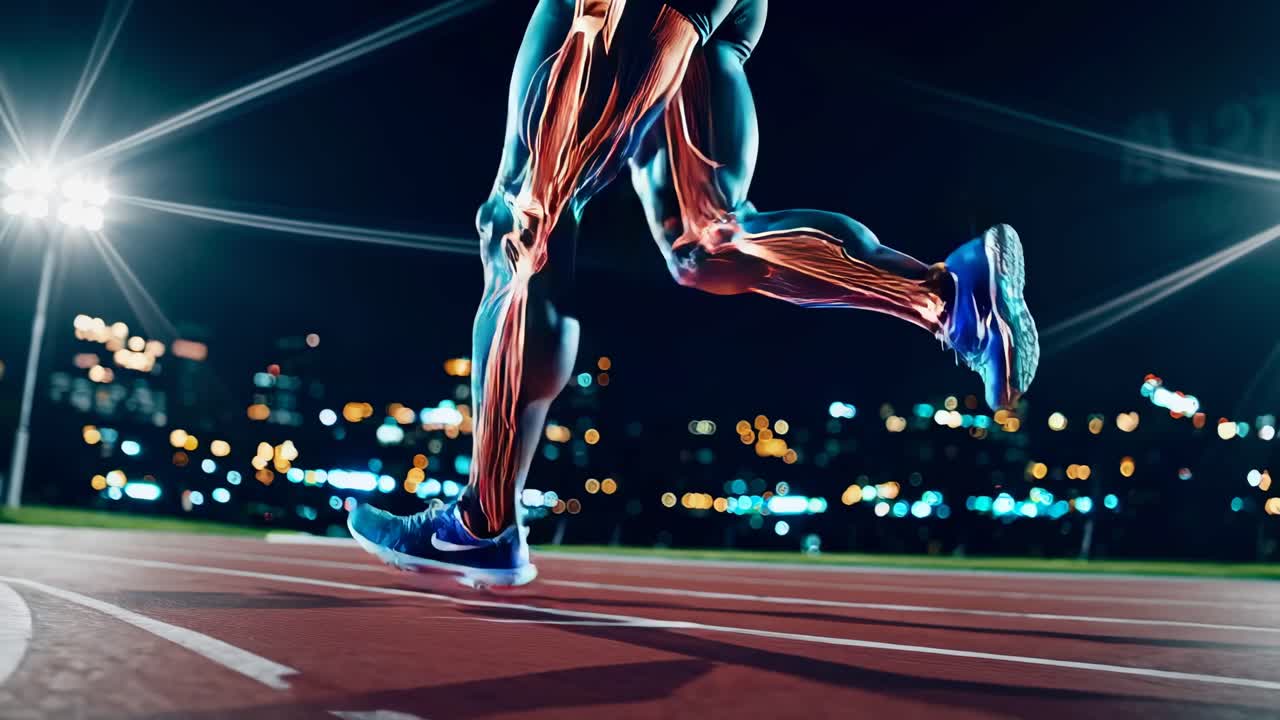 Dynamic low-angle shot of a runner on a track at night, with anatomical overlays on legs