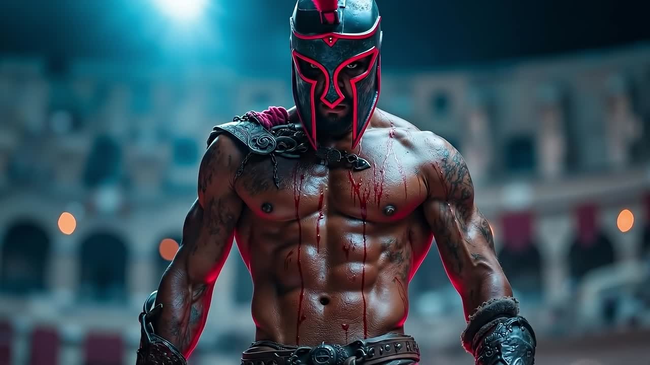 A man in a red mask standing in front of a crowd