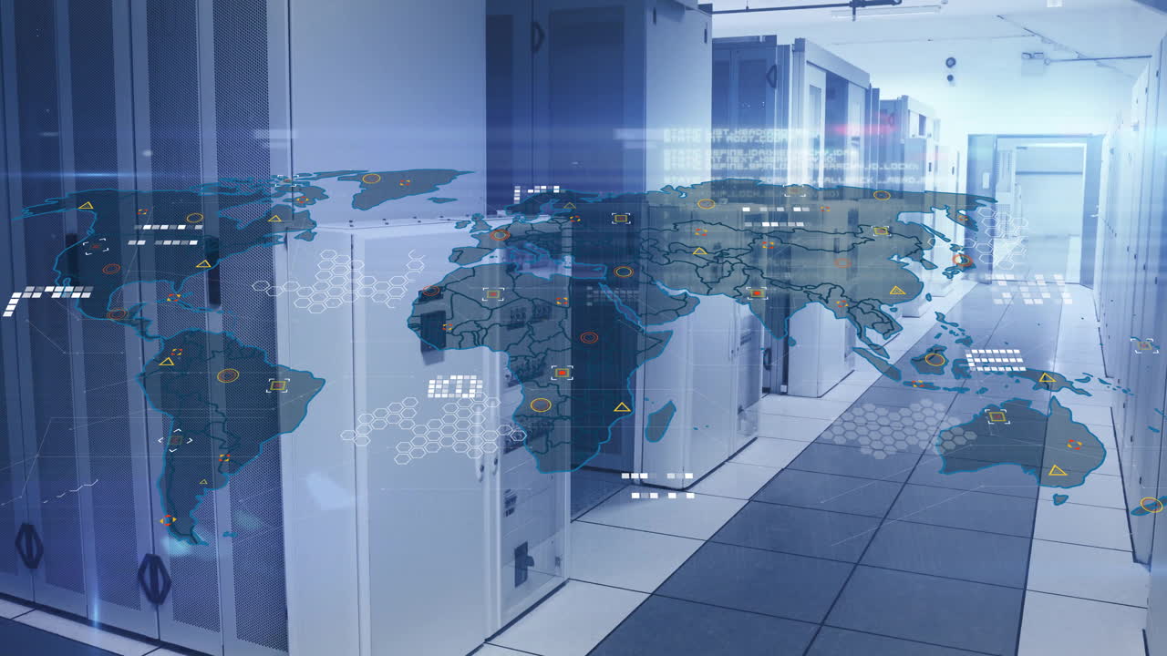 World map with data processing animation over modern server room