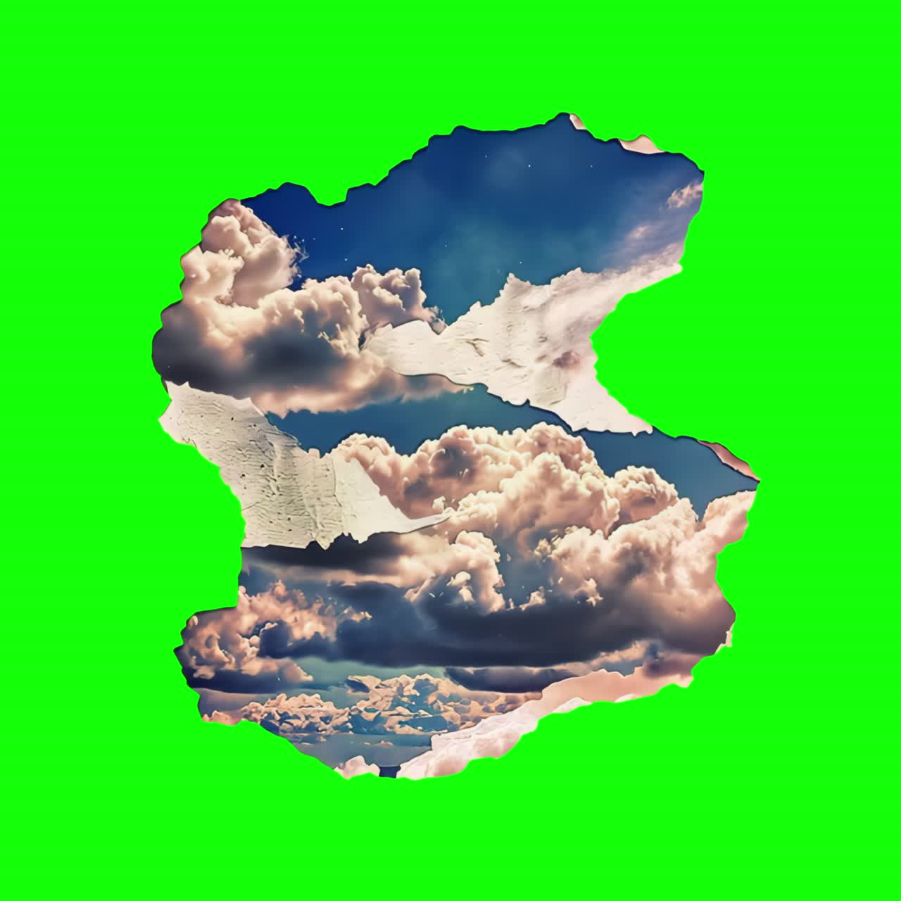 Clouds and sky on ripped paper animation, transparent 4K video, green screen