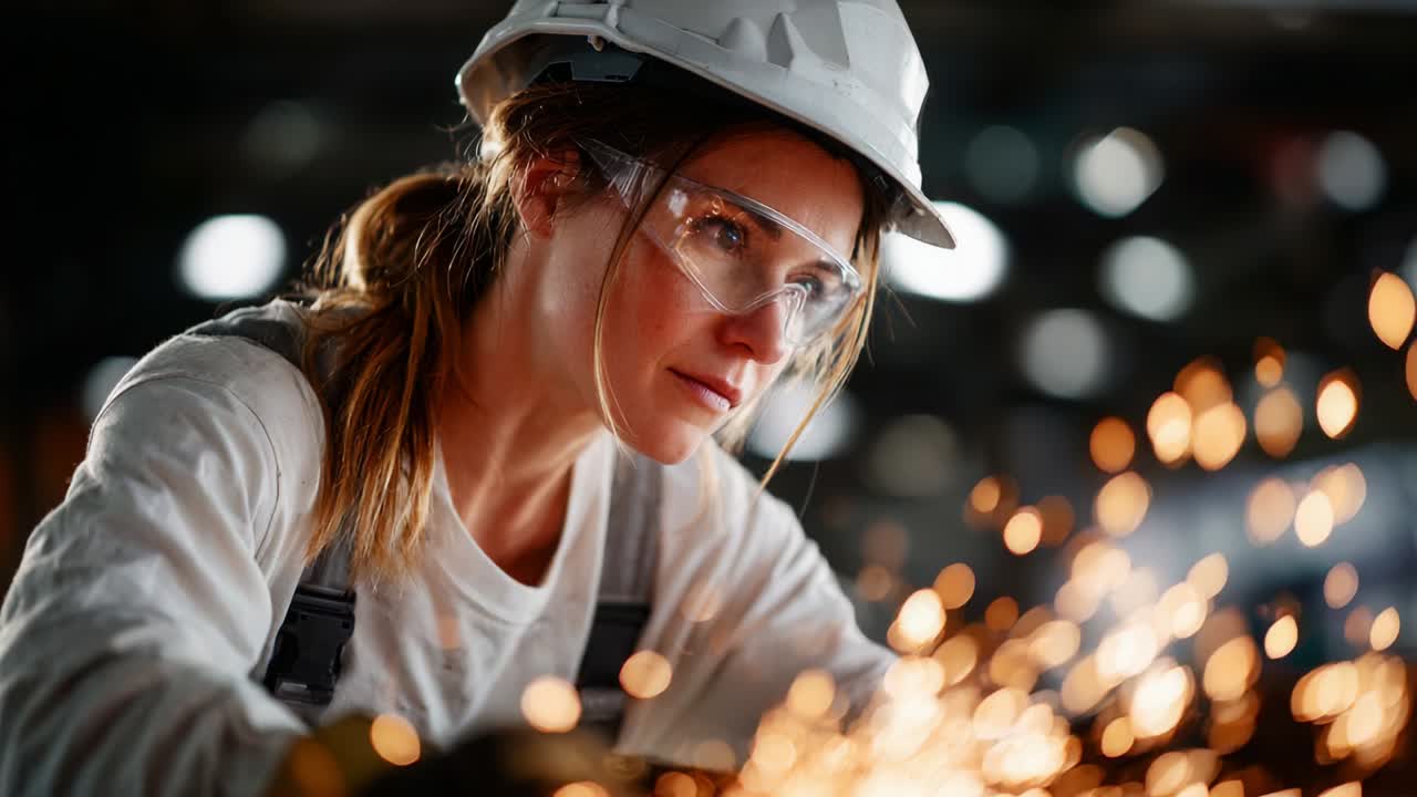 Focused Sparks: A Skilled Female Welder Delicately Maneuvers Her Tool, Creating Fiery Arcs in a Bright Industrial Space, Showcasing Talent and Concentration in a Craft That Inspires Innovation and Dedication