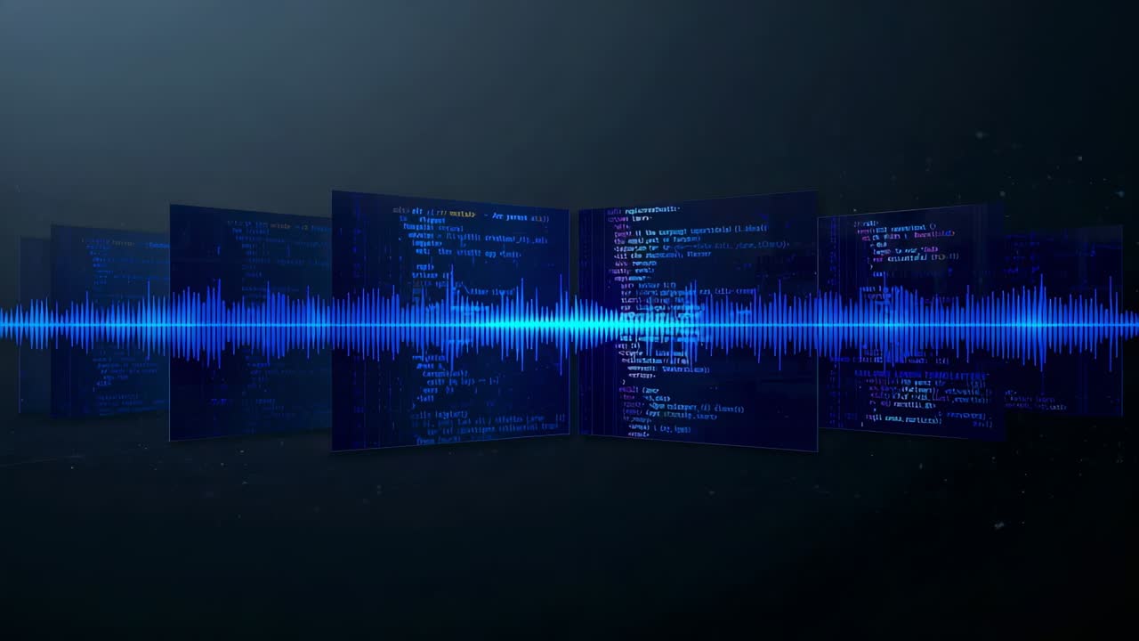 Pulsing neon-blue waveform reacting to data, thickening, spiking over floor with curved code panels