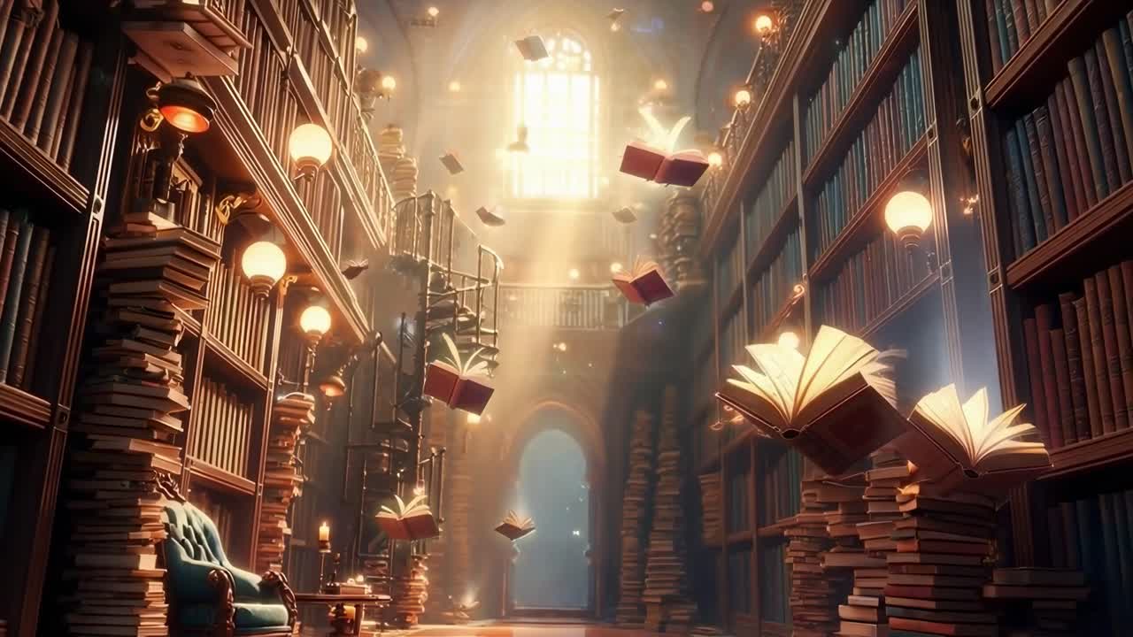Et magisk bibliotek med svævende bøger, filmet fra en lav vinkel, perfekt til en fantasyvideo.