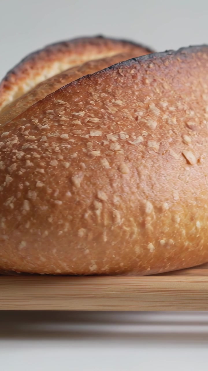 Vertical video: Shifting camera revealing scored artisan loaf on wooden board, focusing on crust