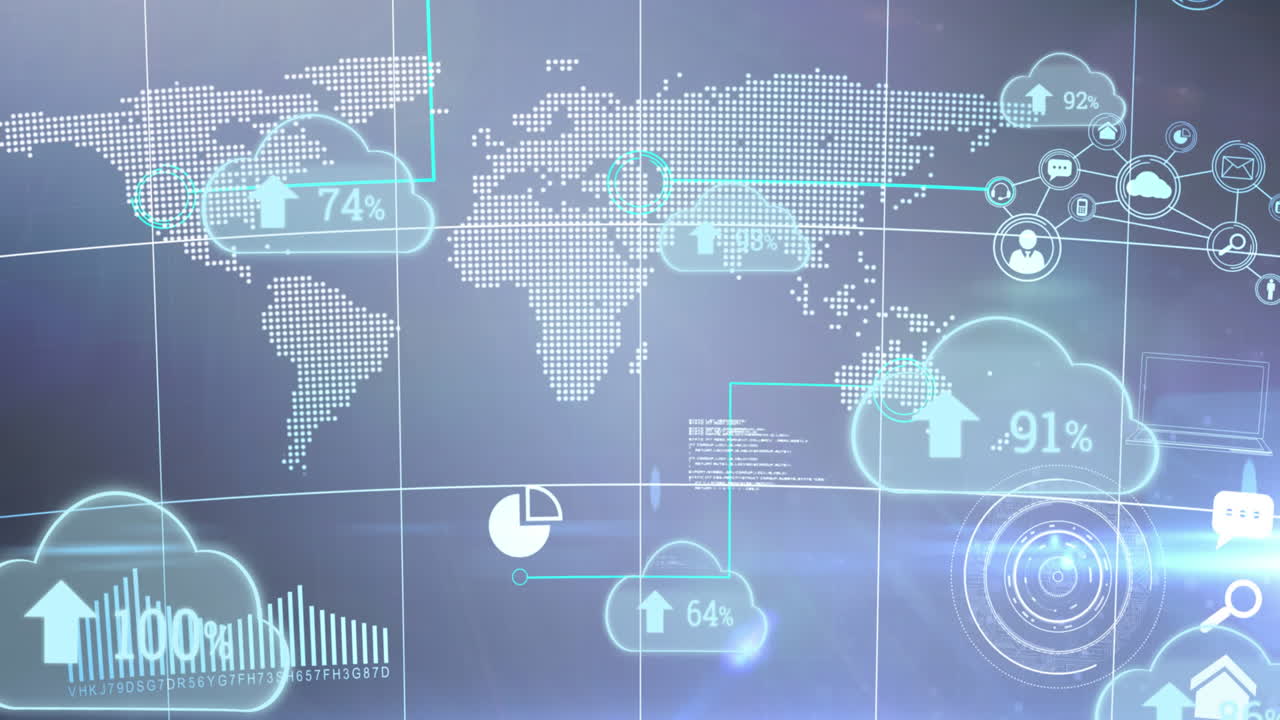 세계 지도 위에 떠다니는 파란색 구름과 상승하는 숫자와 화살표의 애니메이션