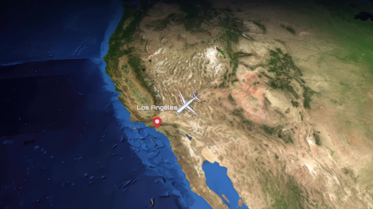 A digital animation tracks a commercial airplane flying across the Atlantic Ocean to North America