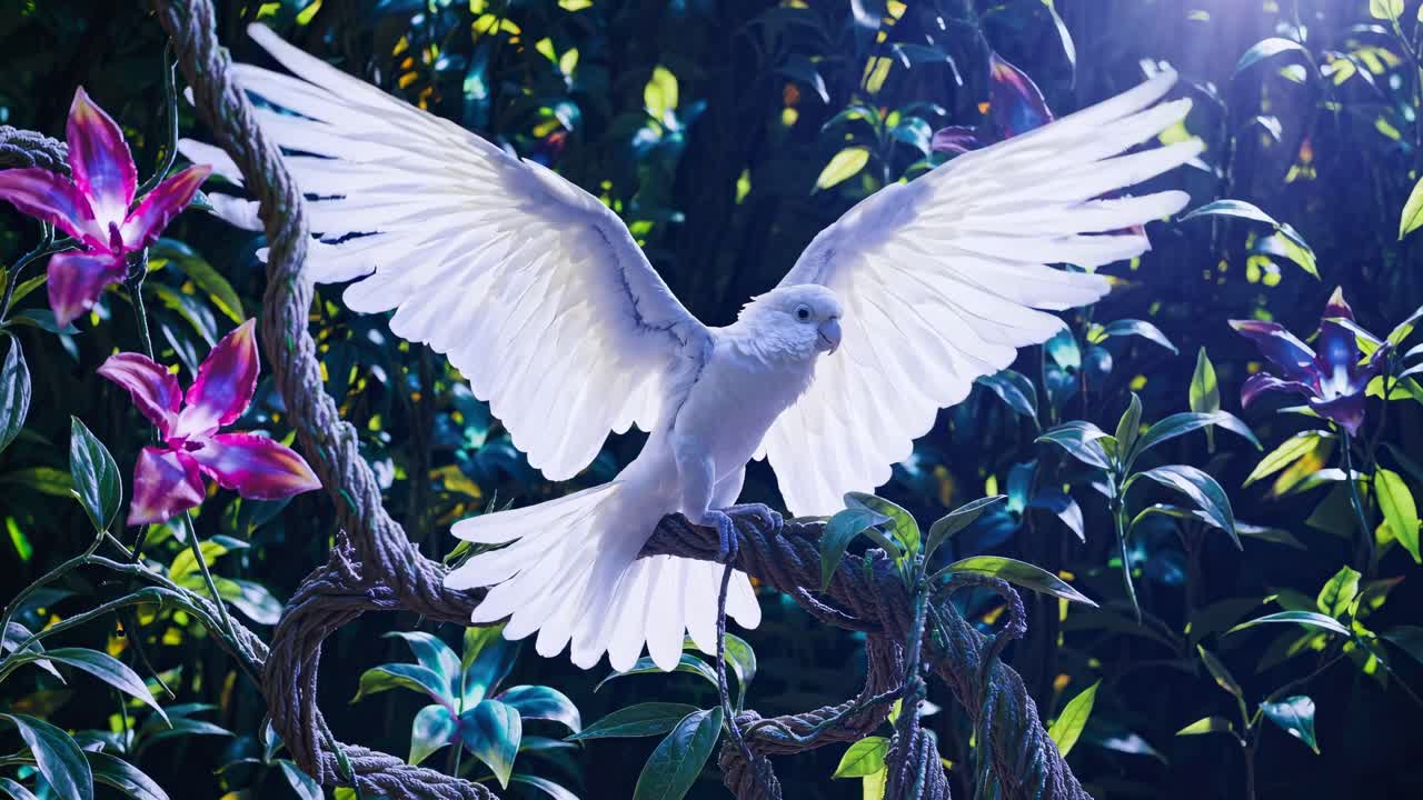 A white bird perched on a vine in a lush, colorful garden, captured from a low angle