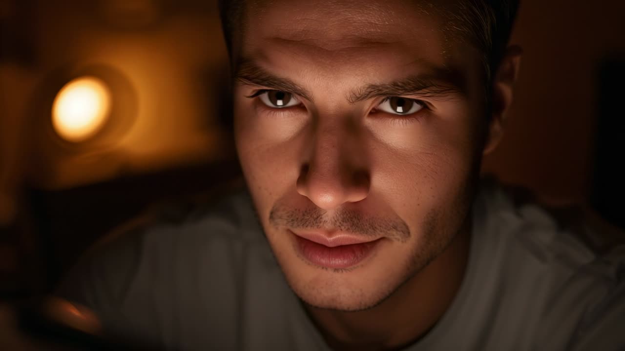 Reading man in light tee lifting eyes from device to camera at bedside, warm lamp left-background