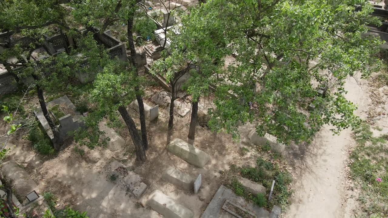 Drone view of Muslim cemeteries and graves in Pakistan