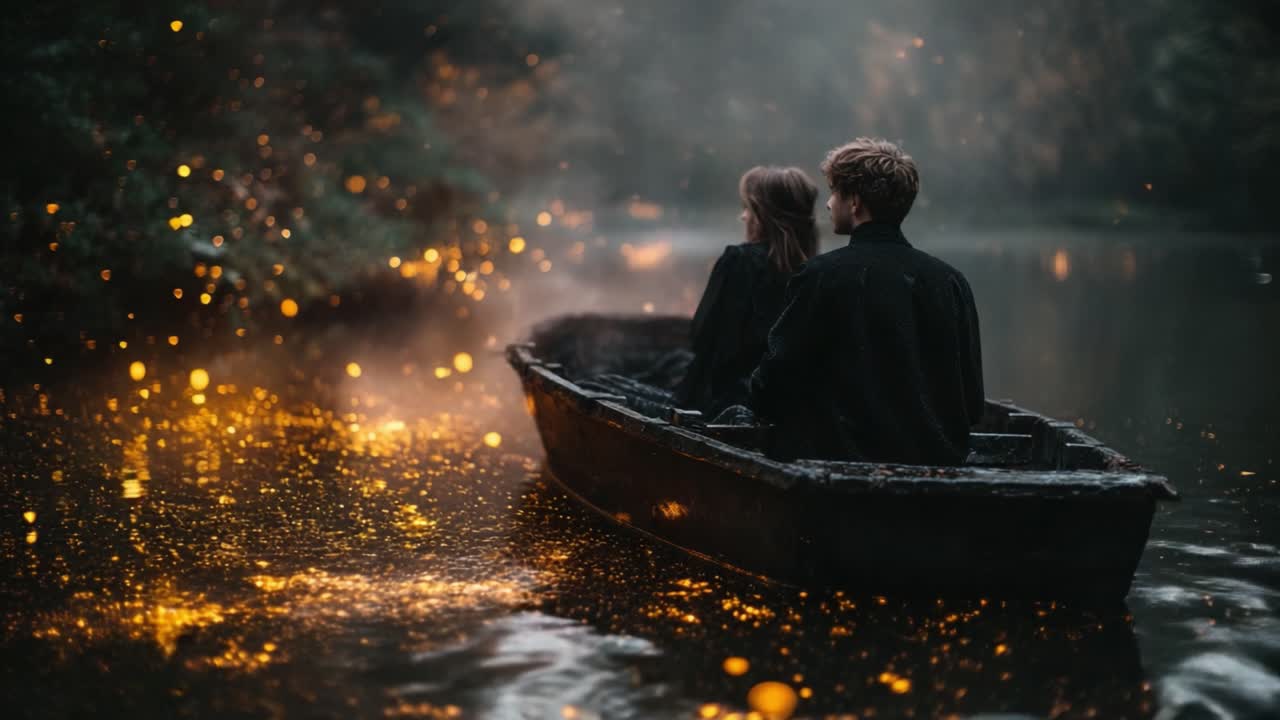 A Dreamy Evening on the Water: A Couple in a Boat Surrounded by Glimmering Lights Reflecting Off the Water's Surface in an Enchanting Atmosphere