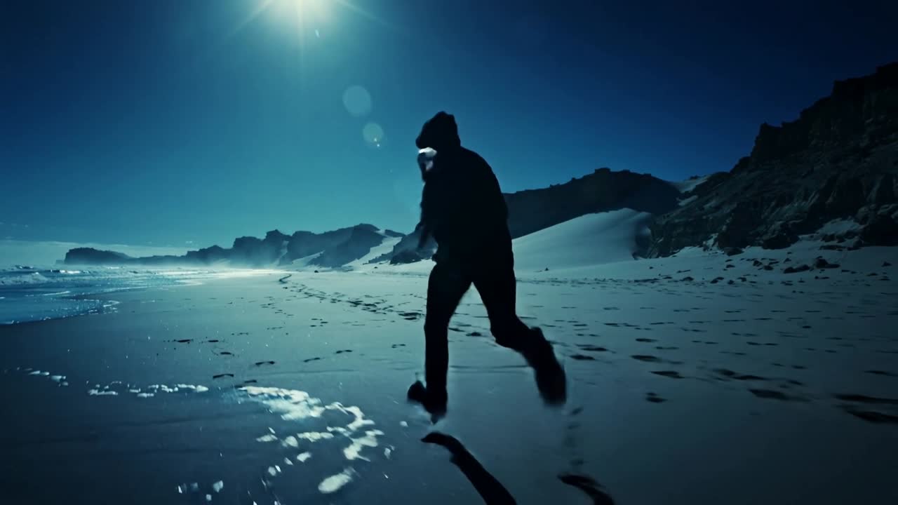 Laufender Mann in Kapuzenjacke, Arme schwingend, mitten im Schritt auf feuchtem Sand, hinterlässt Fußspuren in Richtung Klippen.