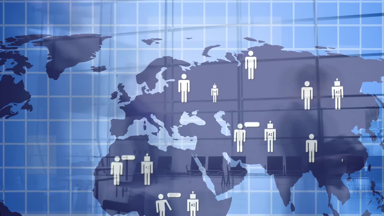 온라인 채팅 아이콘의 애니메이션과 세계 지도와 걸어가는 사람들의 데이터 처리