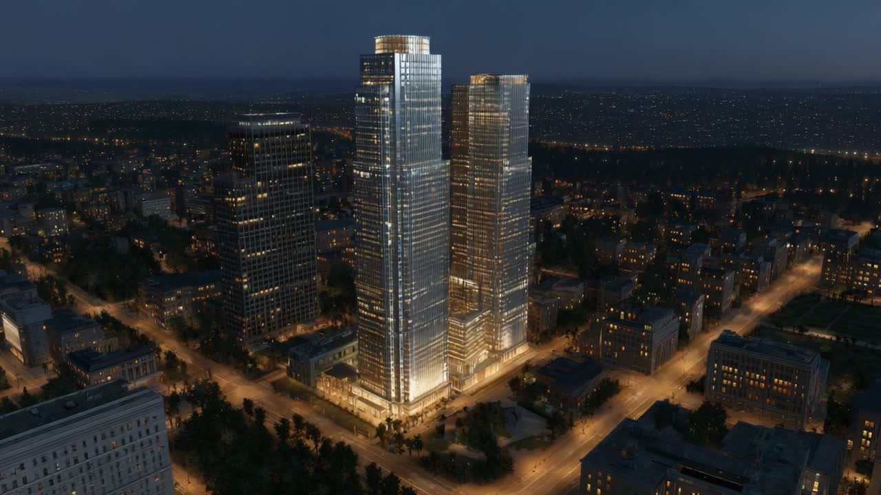 A Stunning Aerial View of Modern Skyscrapers Illuminated at Night, Showcasing Urban Architecture and Vibrant City Lights in a Thriving Metropolis