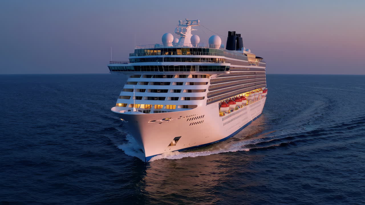 A large cruise ship sailing on the open ocean at dusk