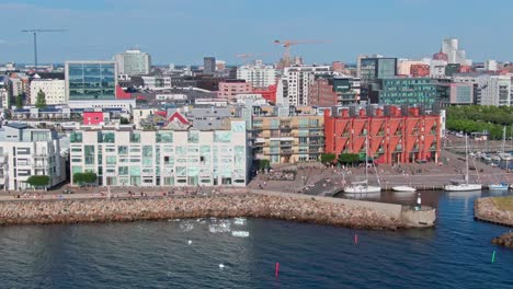 Modern-district-Västra-hamnen-by-the-Baltic-Sea-in-Malmö,-Sweden-during-summer