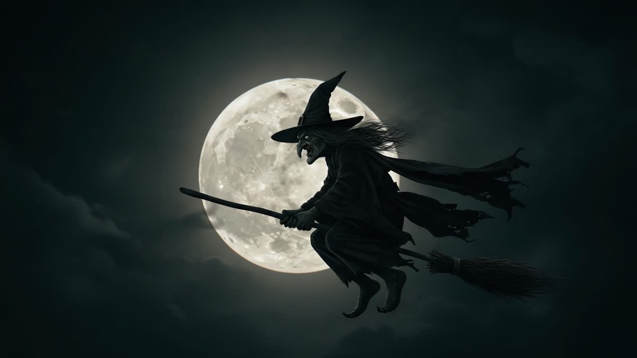 Una strega misteriosa vola nel cielo notturno sulla sua scopa, illuminata da una brillante luna piena circondata da nuvole scure e pipistrelli in volo.