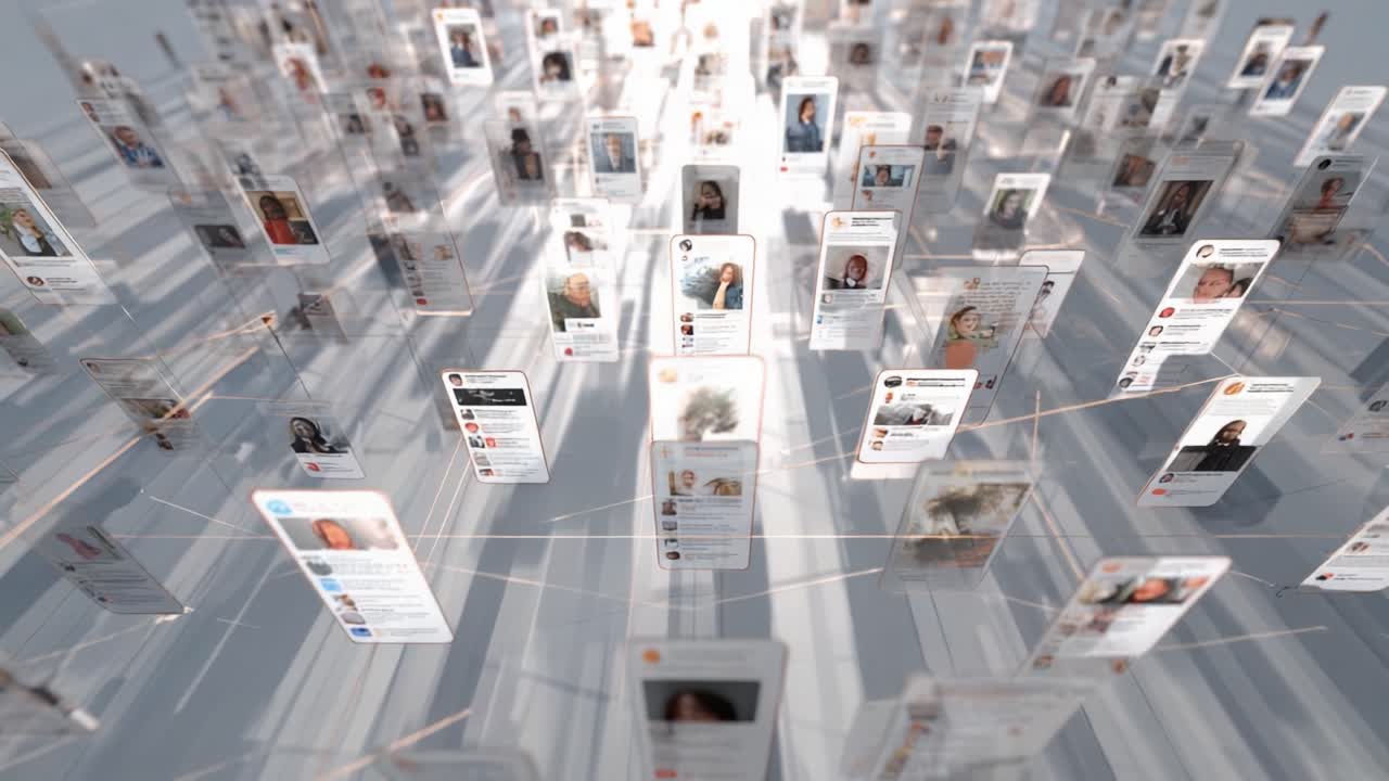 A Dynamic Representation of Digital Interactions: A Visual Journey Through Virtual Connections Showcasing User Profiles Intertwined with Social Media Threads and Digital Engagement