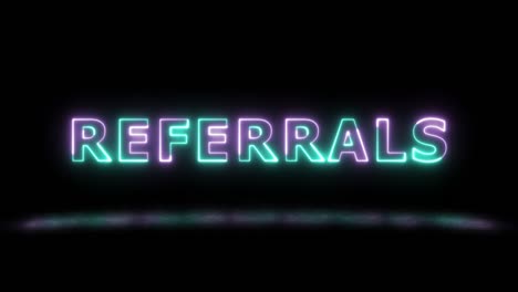 'referrals' violet and green energy border lines title animation with reflection on a floor. simple seamless loop animated text. 4k typography motion graphic