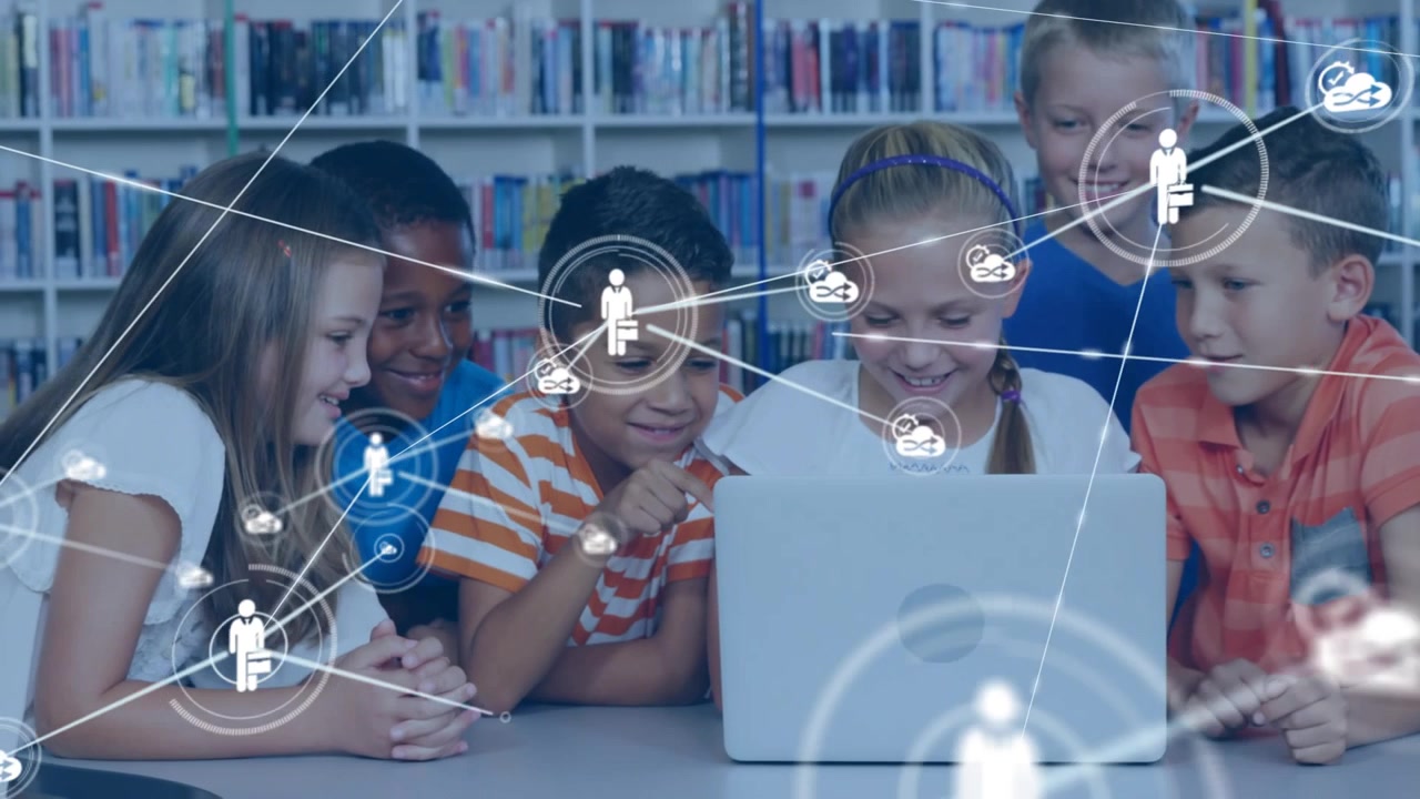 Diverse Group of Children Using Laptop in Library with Digital Network Overlay