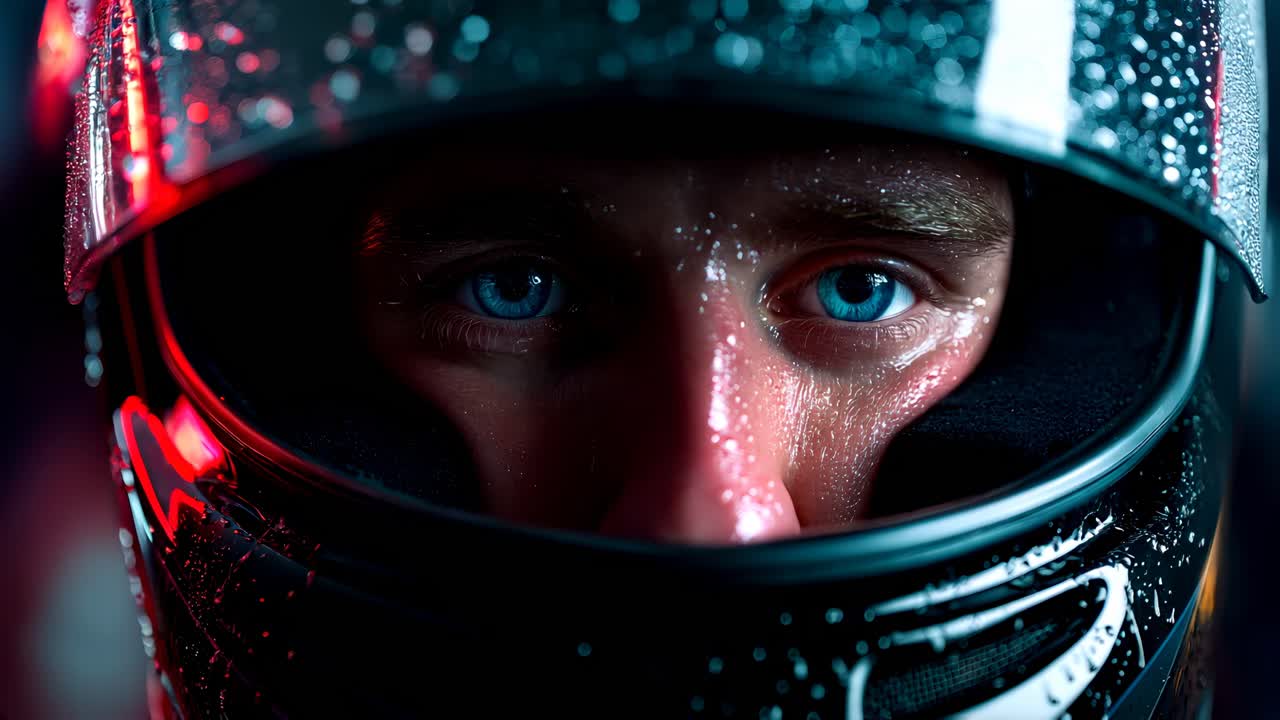 Intense closeup of wet race car driver in helmet