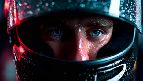 intense closeup of wet race car driver in helmet