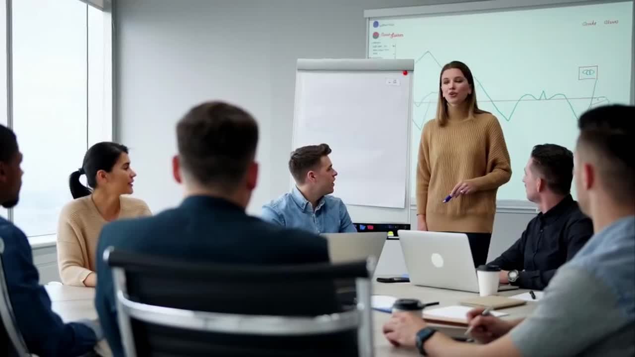 Confident Businesswoman Presenting a Strategic Growth Chart to Her Team in a Meeting