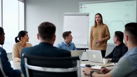 confident businesswoman presenting a strategic growth chart to her team in a meeting